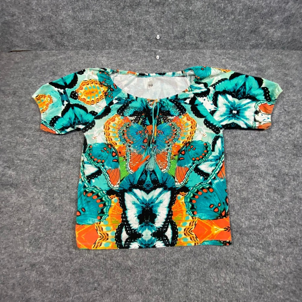 Thomas & Olivia Womens XL Butterfly Print Tassel Rhinestone Scoop Top